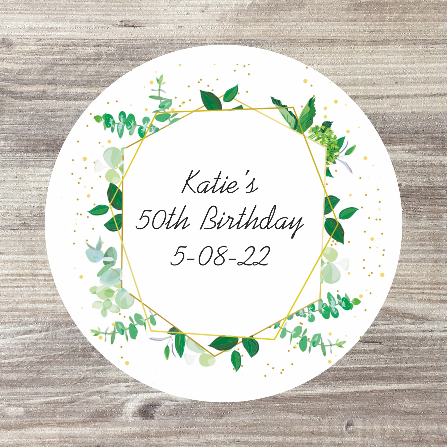 48 x Personalised Birthday Stickers - Green Floral Wreath