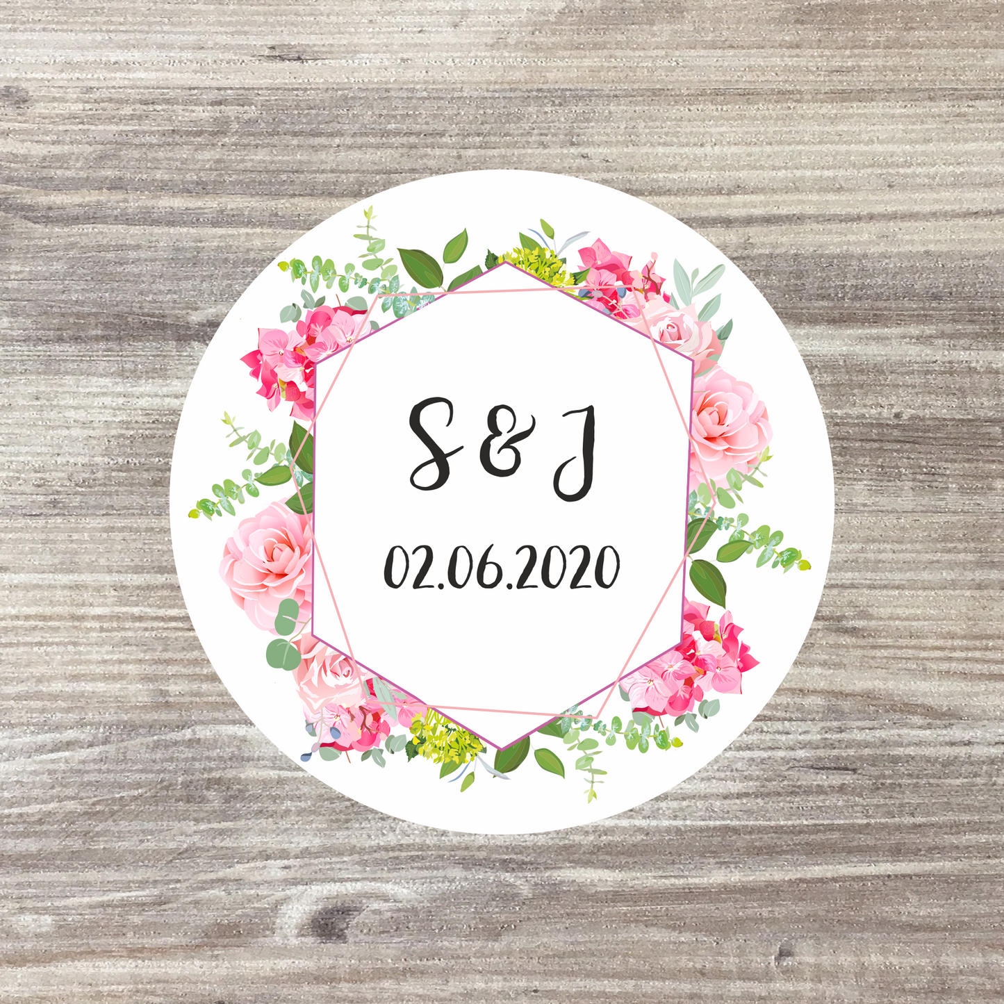 35 x Personalised Wedding Stickers - Pink Wreath