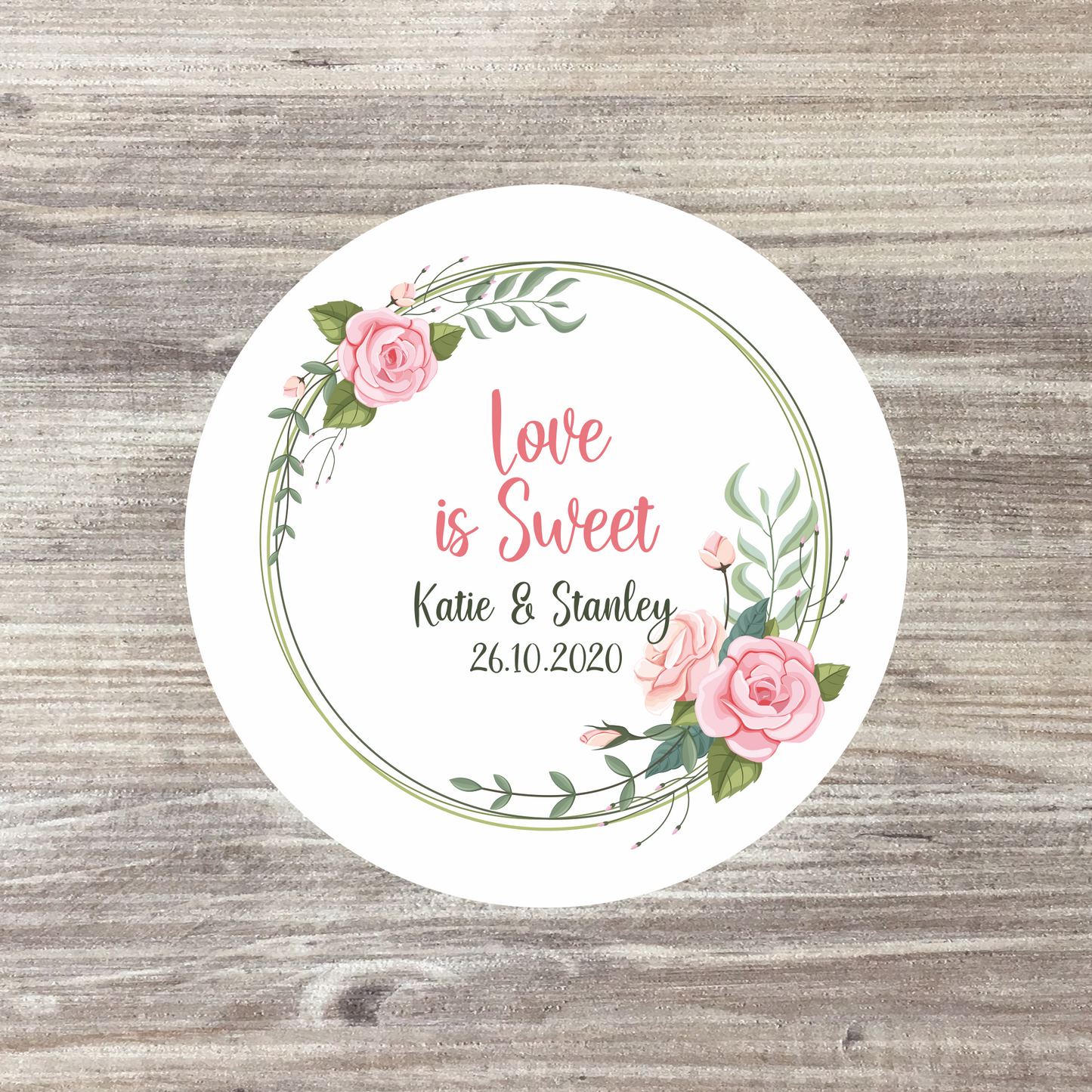 35 x Personalised Wedding Stickers - Pale Pink Wreath