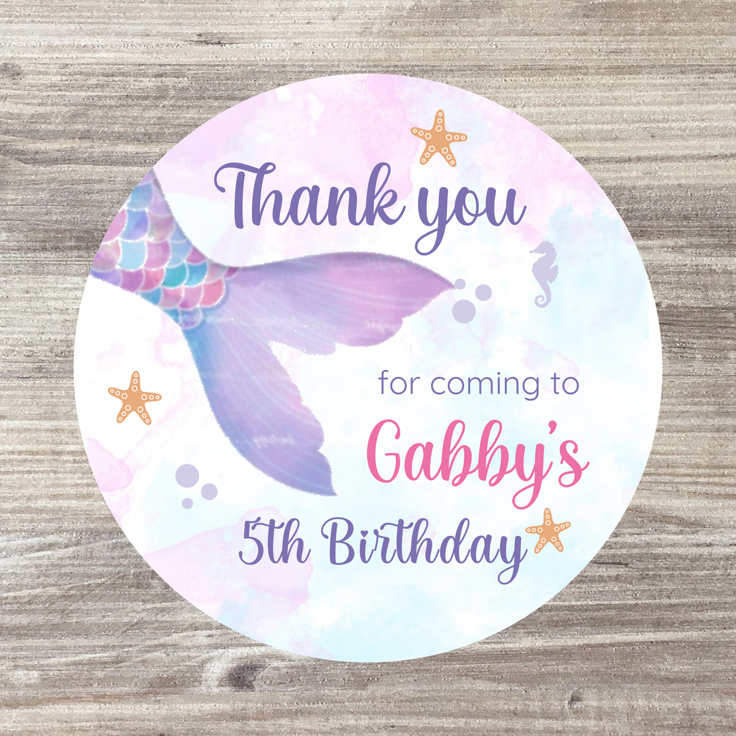 48 x Personalised Birthday Stickers - Purple Mermaid