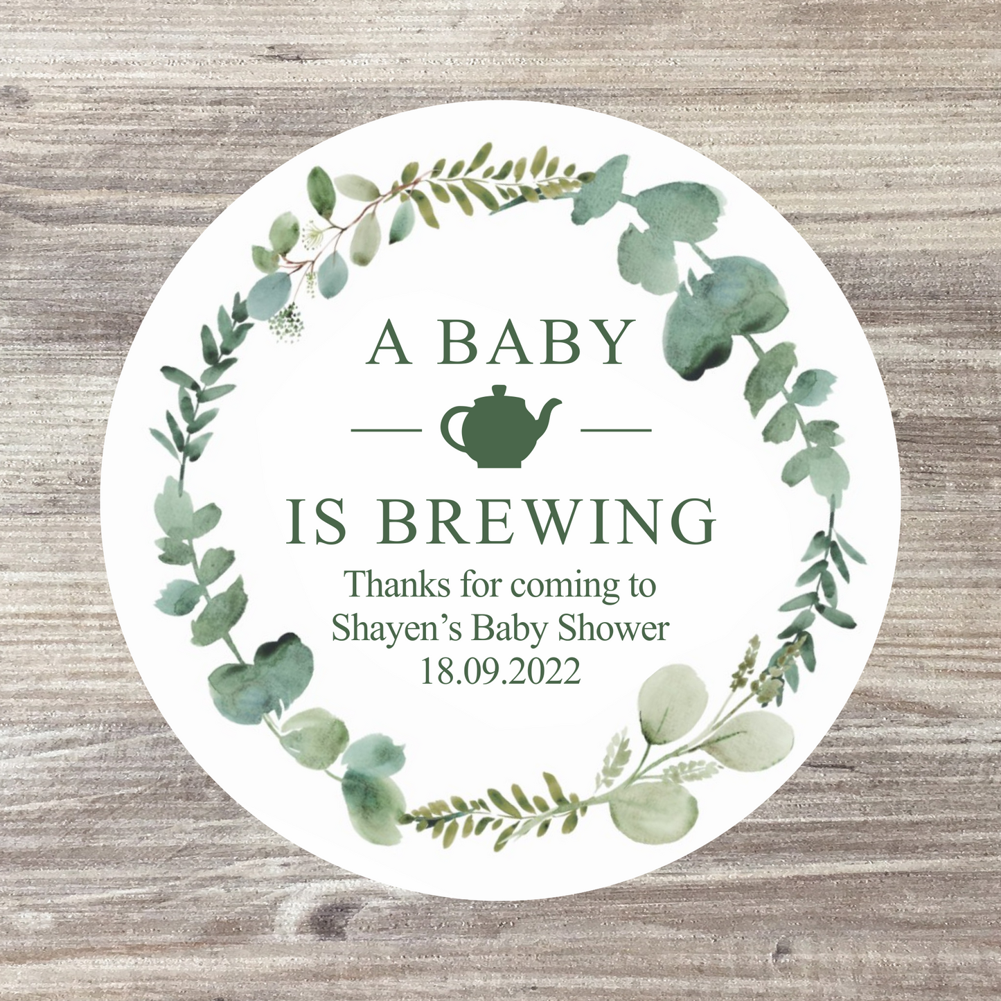 48 x Personalised Baby Shower Stickers - Green Eucalyptus A Baby is Brewing