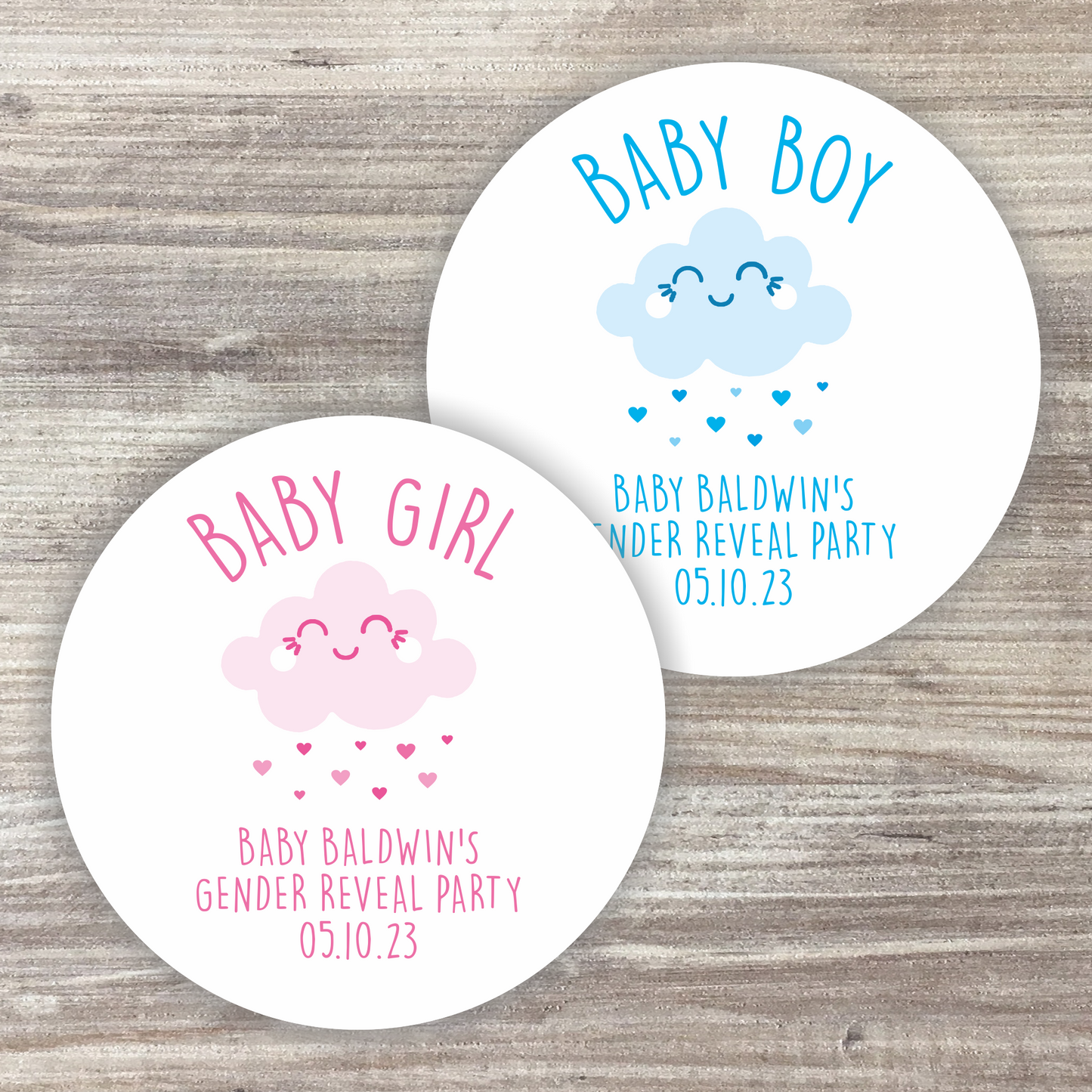 48 x Personalised Gender Reveal Stickers - Team Boy + Team Girl Clouds