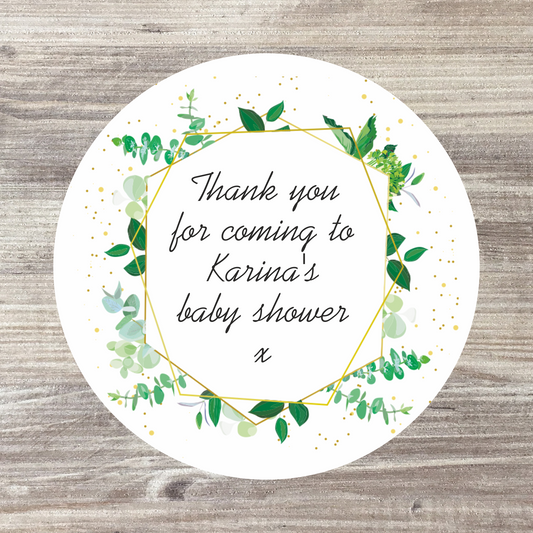 48 x Personalised Baby Shower Stickers - Green Wreath
