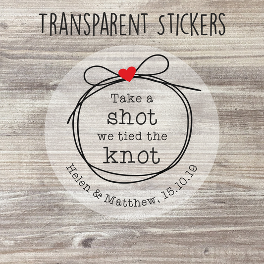 35 x Personalised Clear Wedding Stickers - Take a Shot, We've Tied the Knot Ring