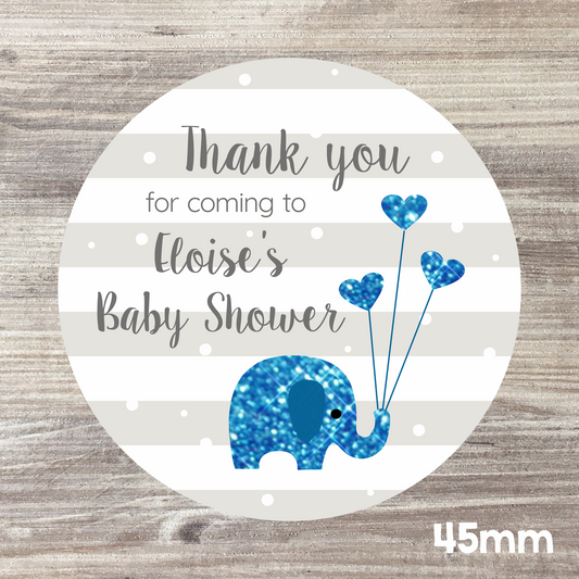 48 x Personalised Baby Shower Stickers - Blue Elephant