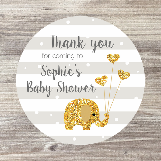 48 x Personalised Baby Shower Stickers - Gold Elephant