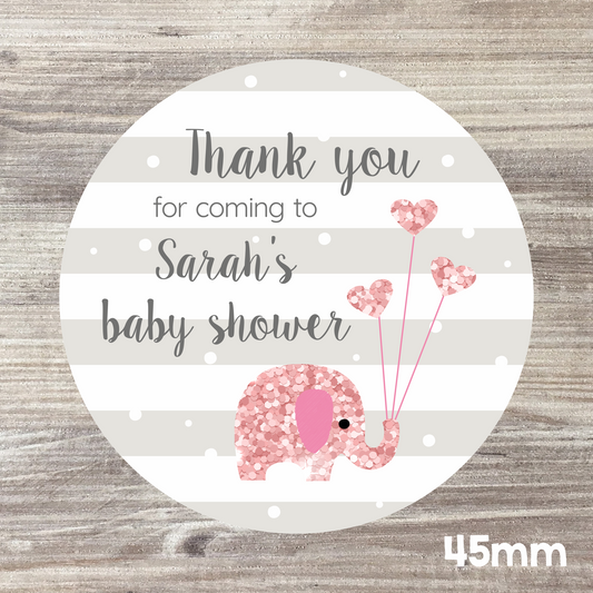 48 x Personalised Baby Shower Stickers - Pink Elephant