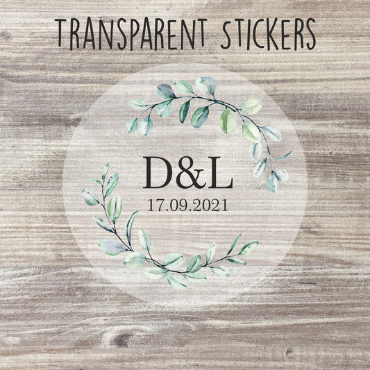 35 x Personalised Clear Wedding Stickers - Eucalyptus Wreath