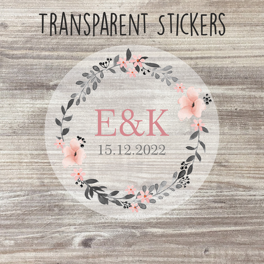 35 xPersonalised Clear Wedding Stickers - Pink Floral Wreath
