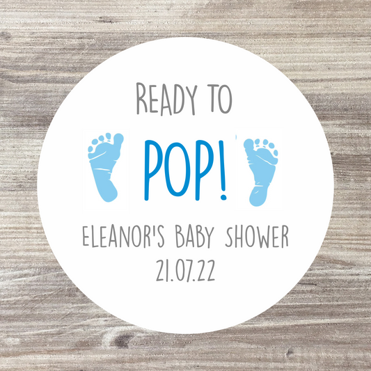 48 x Personalised Baby Shower Stickers - Blue Footprint Ready to Pop