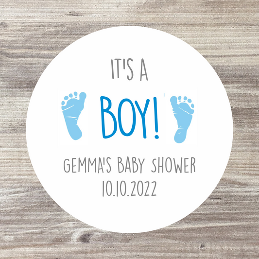 48 x Personalised Baby Shower Stickers - Blue Footprint It's a Boy