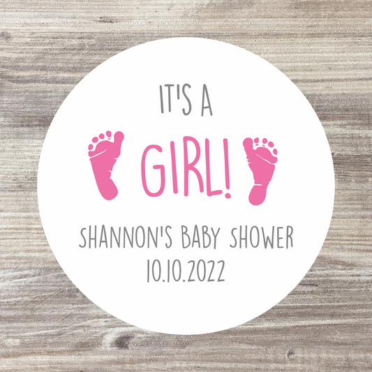 48 x Personalised Baby Shower Stickers - Pink Footprints It's a Girl