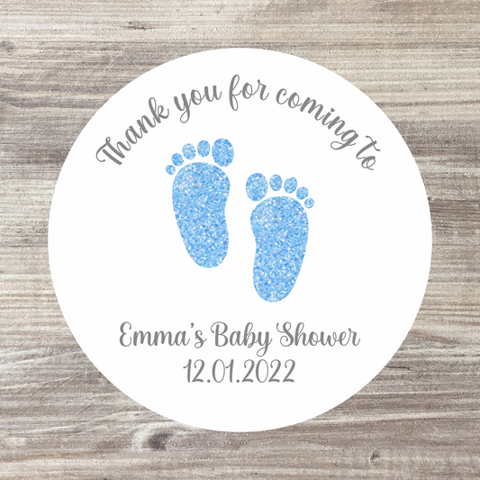 48 x Personalised Baby Shower Stickers - Blue Footprints