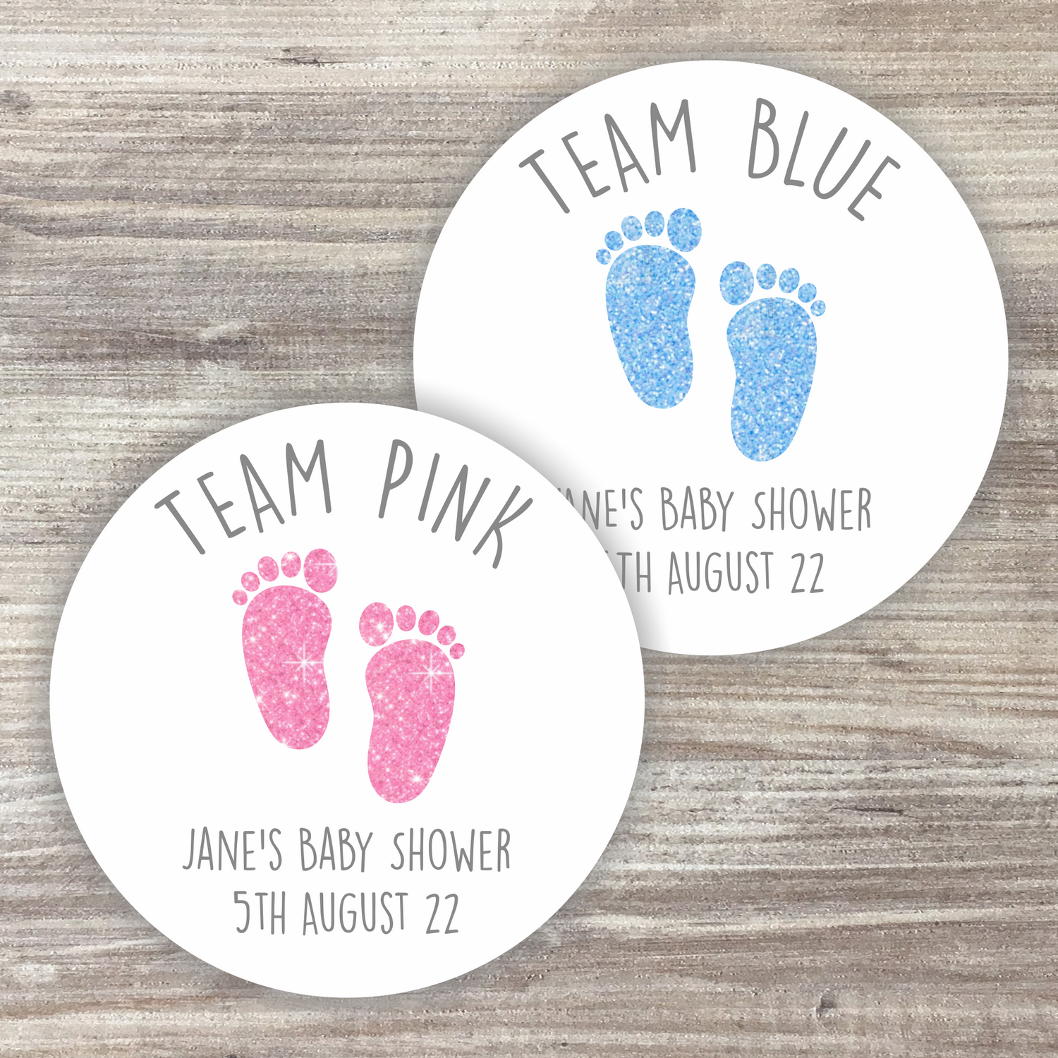 48 x Personalised Gender Reveal Stickers - Team Boy + Team Girl Footprints