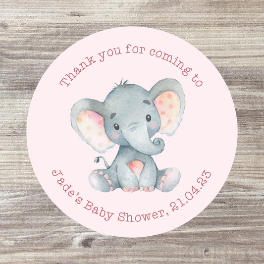 48 x Personalised Baby Shower Stickers - Baby Girl Elephant