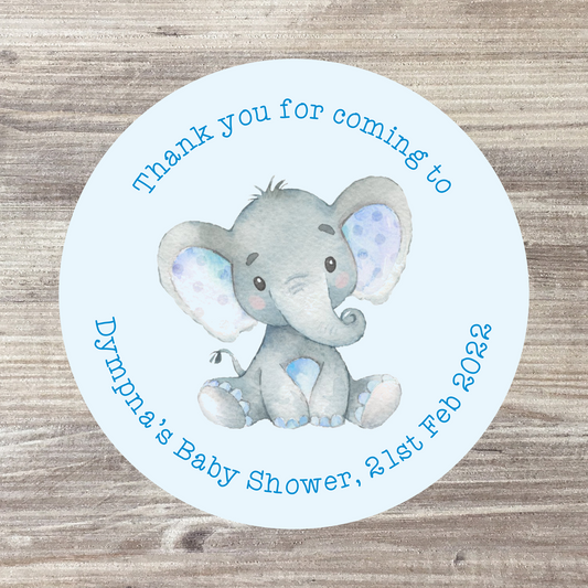 48 x Personalised Baby Shower Stickers - Baby Boy Elephant