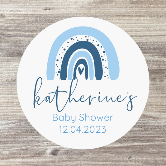 48 x Personalised Baby Shower Stickers - Blue Rainbow