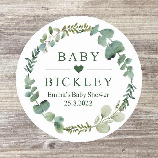48 x Personalised Baby Shower Stickers - Green Eucalyptus Baby Name