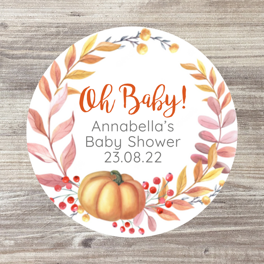 48 x Personalised Baby Shower Stickers - Autumn / Pumpkin Oh Baby