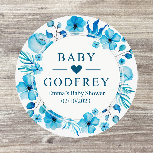 48 x Personalised Baby Shower Stickers - Blue Floral Baby Name