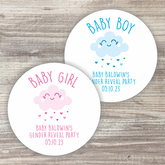 48 x Personalised Gender Reveal Stickers - Team Boy + Team Girl Clouds