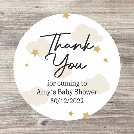 48 x Personalised Thank You Baby Shower Stickers - Cute Clouds and Stars