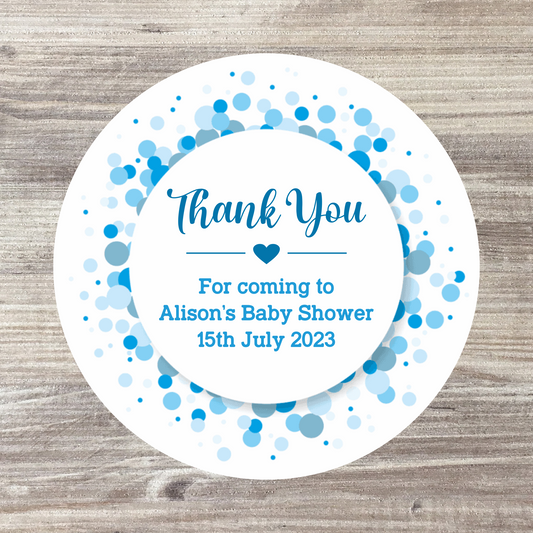 48 x Personalised Thank You Baby Shower Stickers - Blue Spots