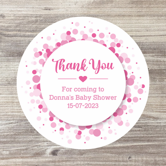 48 x Personalised Thank You Baby Shower Stickers - Pink Spots