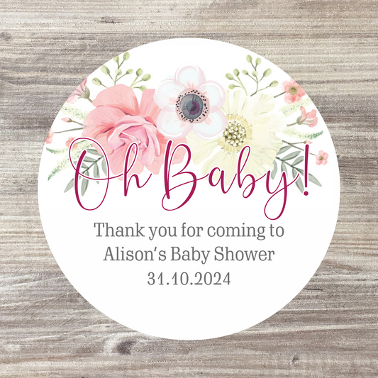 48 x Personalised Baby Shower Stickers - Pink Oh Baby
